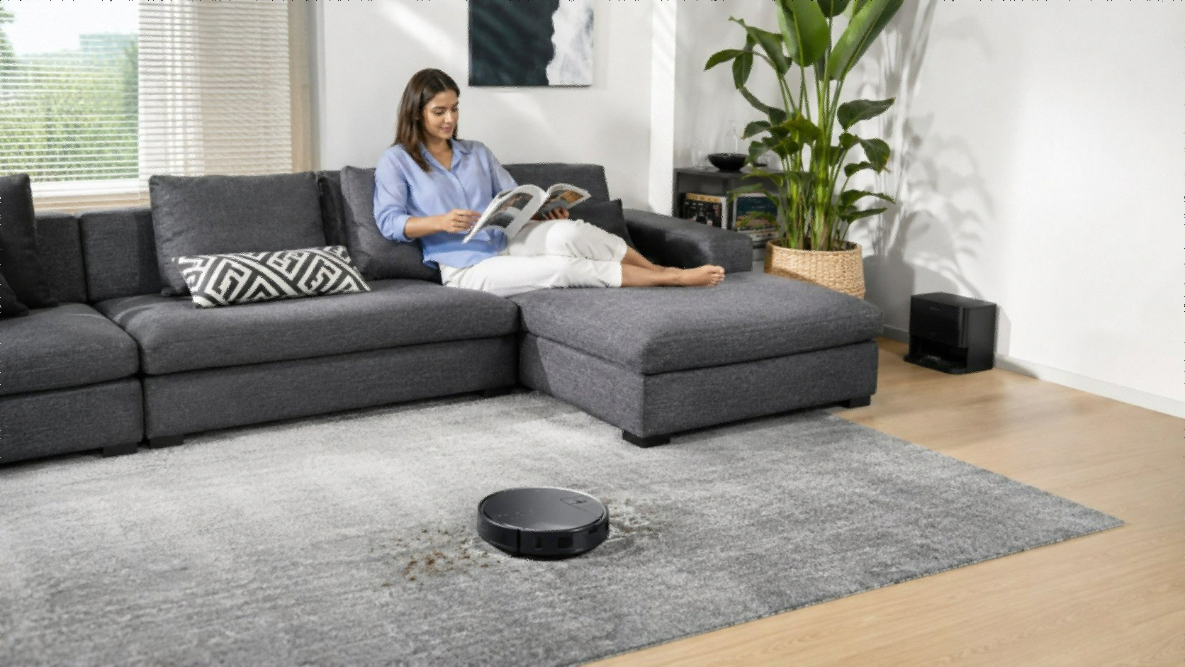Roborock Saros 10R ultra-slim robot vacuum navigating under furniture