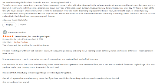 Verified Amazon reviews detailing multi-floor mapping and battery limitations